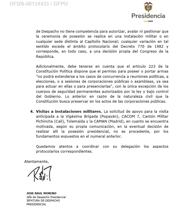 Presidencia respondió que no tiene competencia para autorizar una posesión presidencial fuera del Capitolio