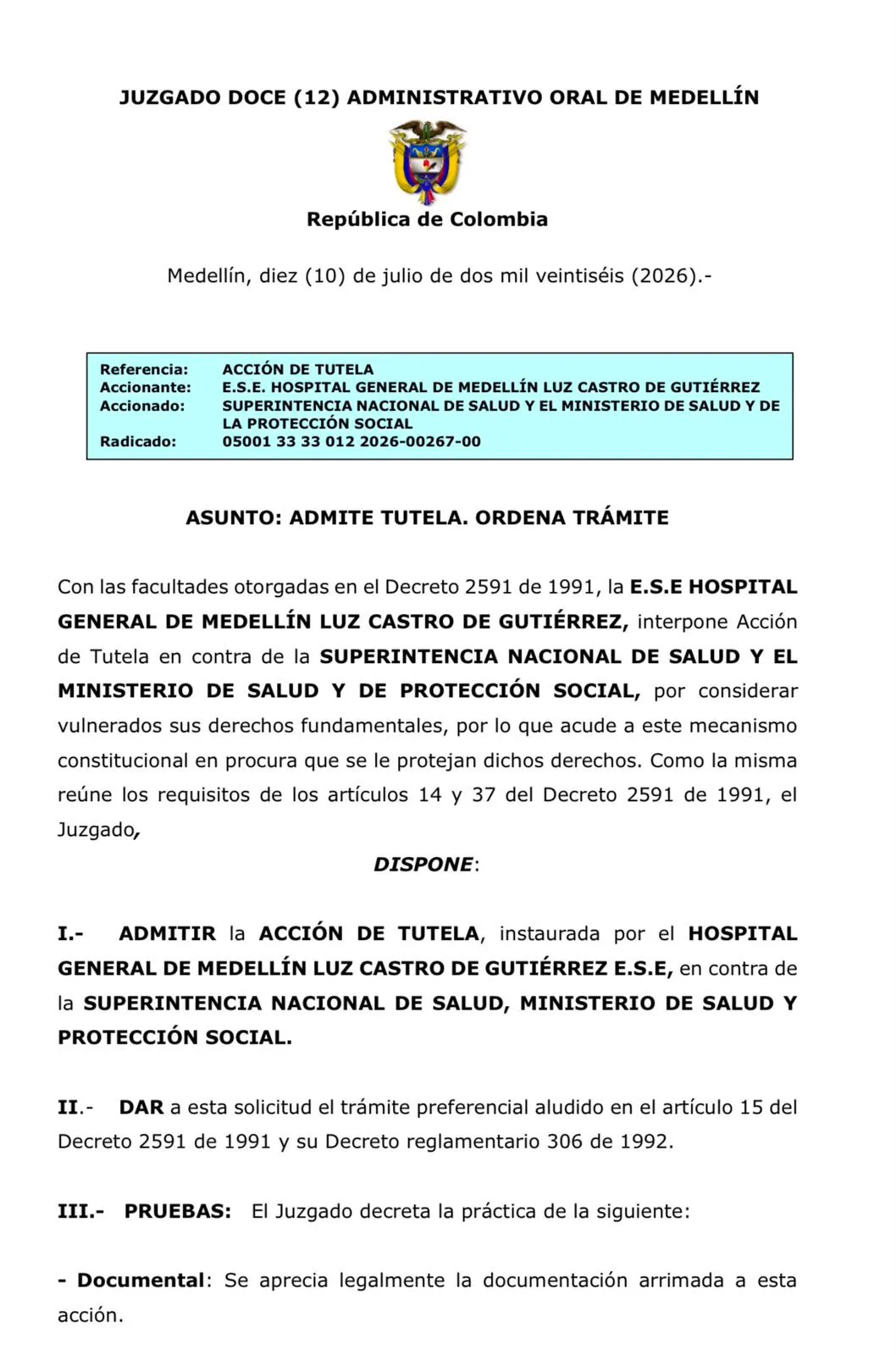 Justicia frenó de manera provisional actuación de la Supersalud contra el Hospital General de Medellín