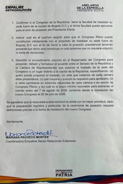Presidente saliente del Senado afirma que la posesión de Abelardo de la Espriella en una guarnición militar sí es viable 