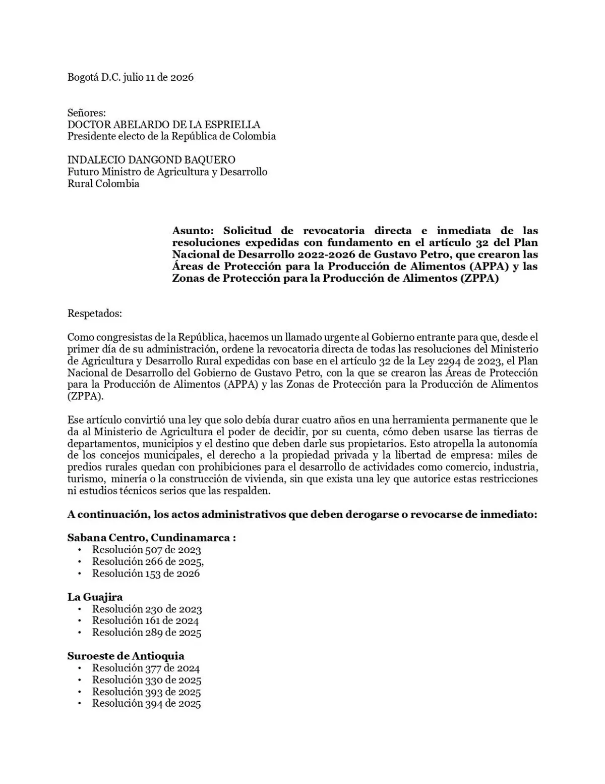 Congresistas electos pidieron al Gobierno entrante derogar de inmediato resoluciones sobre las APPA y ZPPA creadas durante el gobierno Petro