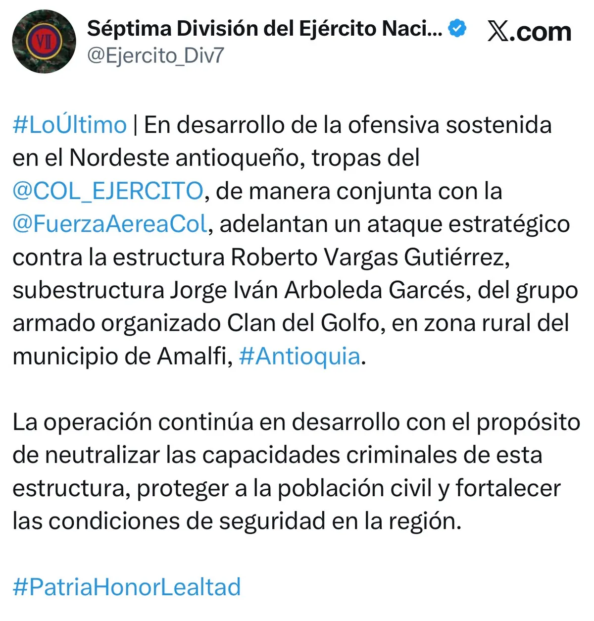 Ejército bombardeó al Clan del Golfo en Amalfi, Antioquia
