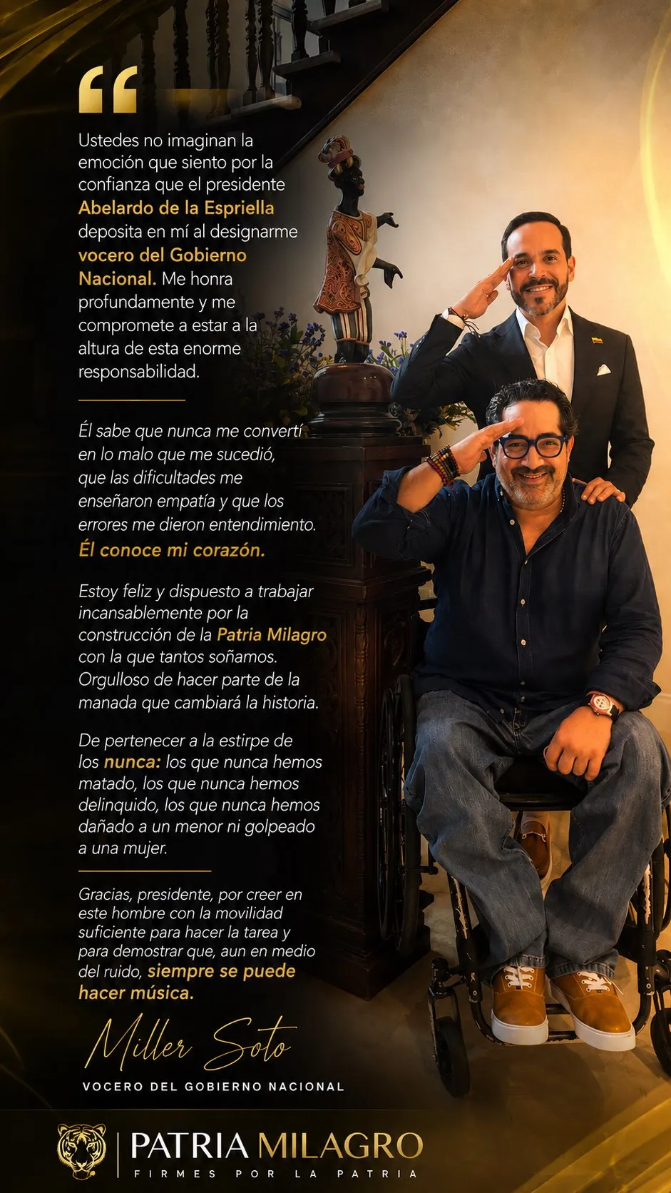 Miller Soto agradeció a Abelardo de la Espriella su designación como vocero del Gobierno Nacional