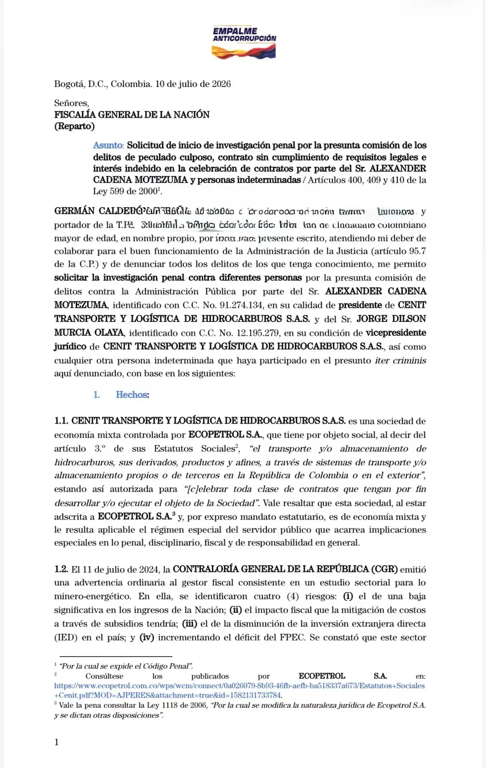 Comienzan las auditorías forenses. Equipo jurídico de Abelardo De la Espriella denuncia ante la Fiscalía presuntas irregularidades en contrato de filial de Ecopetrol