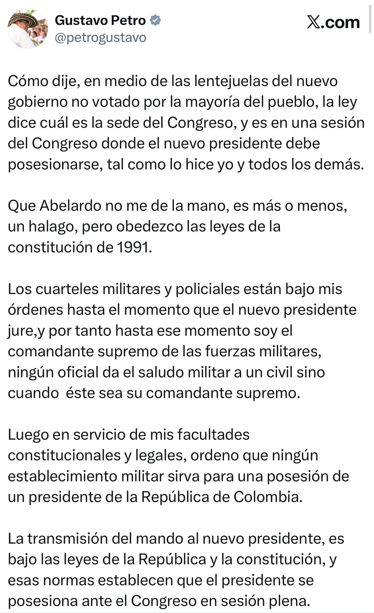 Petro se excede y ordena que ninguna guarnición militar sea utilizada para la posesión presidencial y mantiene el pulso con Abelardo de la Espriella