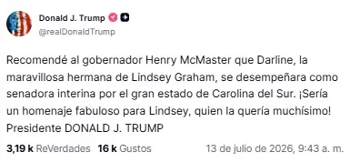 Trump propuso nombramiento interino en Carolina del Sur y desaó reacciones por guiño a Lindsey Graham