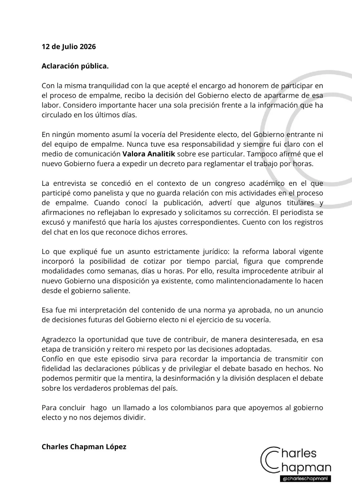 Chapman se apartó del empalme y desmintió versiones sobre vocería y reforma laboral