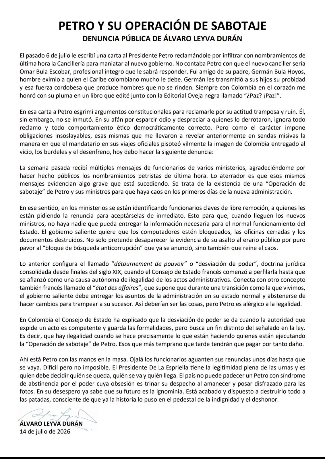 Álvaro Leyva denuncia presunta “operación de sabotaje” del gobierno Petro durante la transición presidencial