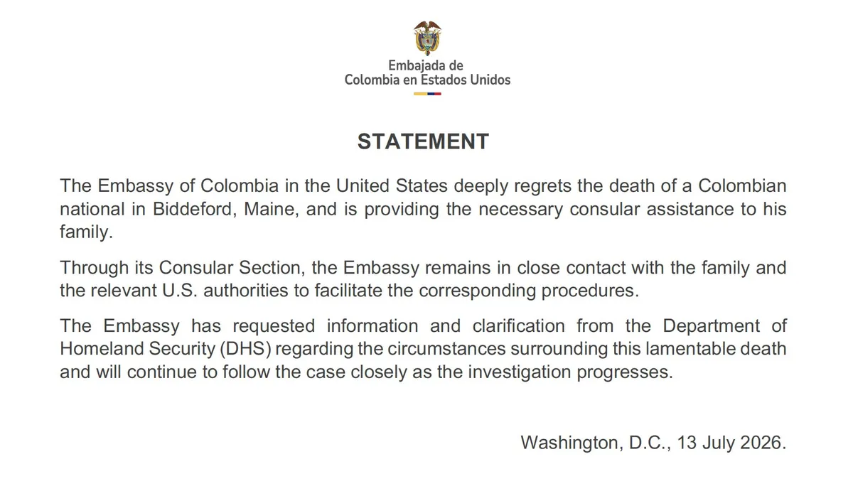 Embajada de Colombia pidió explicaciones a EE. UU. por muerte de un colombiano durante operativo de ICE en Maine