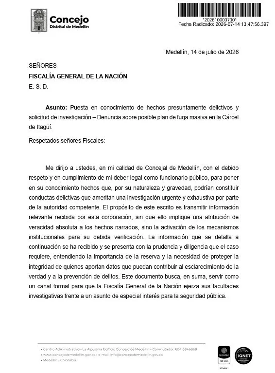 Presidente del Concejo de Medellín denunció ante la Fiscalía un presunto plan de fuga masiva de la cárcel de Itagüí
