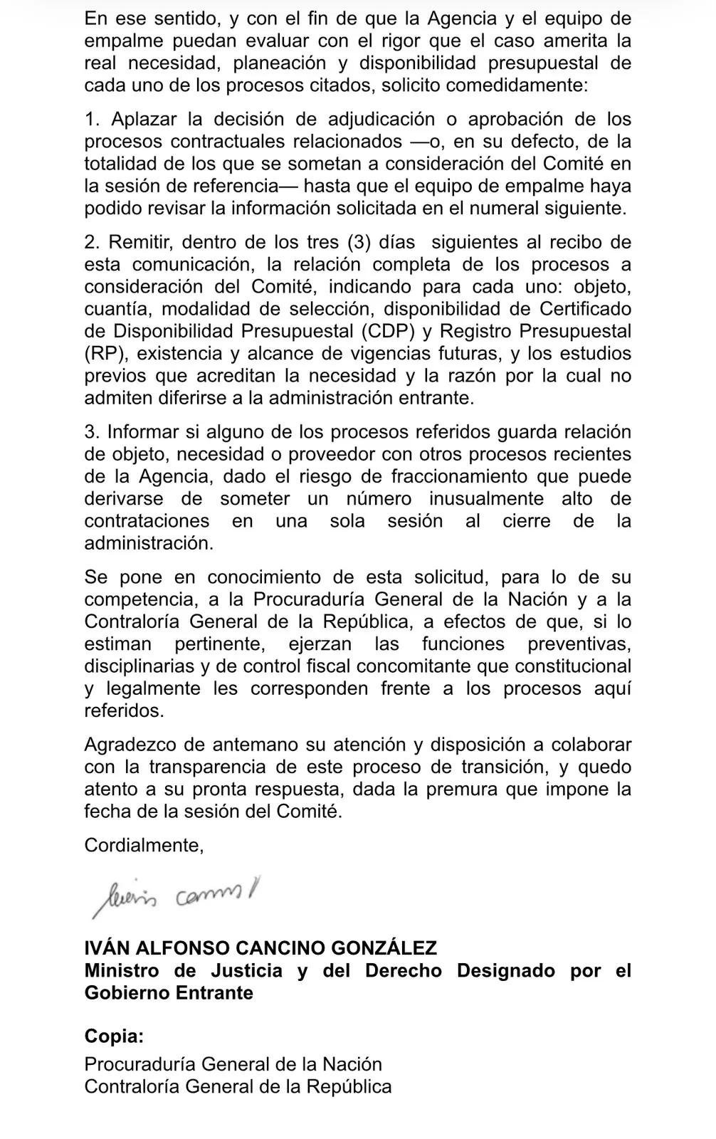 Gobierno entrante solicitó frenar millonaria contratación en la Agencia de Defensa Jurídica del Estado durante el empalme