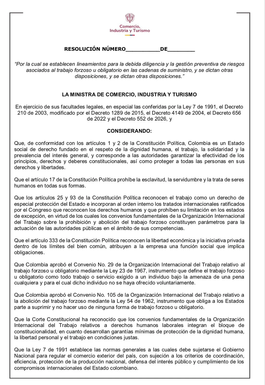 MinComercio prepara resolución para exigir mayor debida diligencia frente al trabajo forzoso en las cadenas de suministro