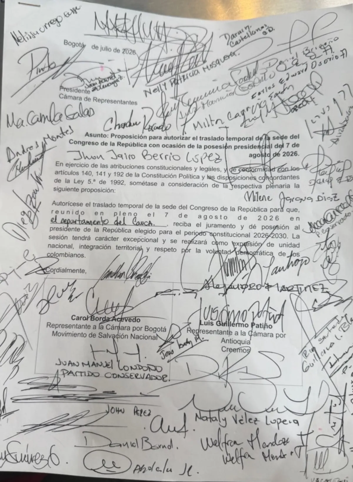 Radicaron en la Cámara proposición para que la posesión del presidente electo Abelardo De La Espriella se realice en el Cauca