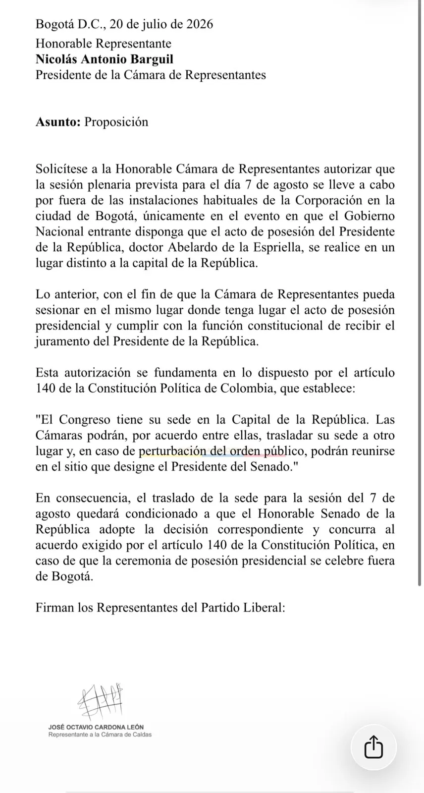 Representantes del Partido Liberal radicaron proposición para permitir que la Cámara sesione fuera de Bogotá durante la posesión presidencial
