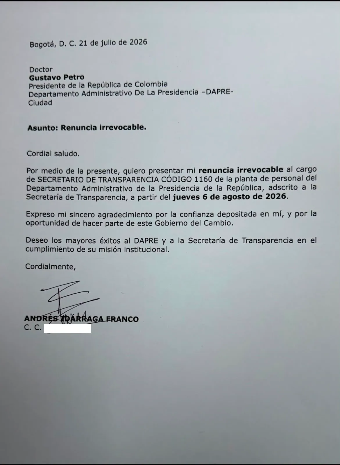 Andrés Idárraga presentó su renuncia irrevocable a la Secretaría de Transparencia de la Presidencia