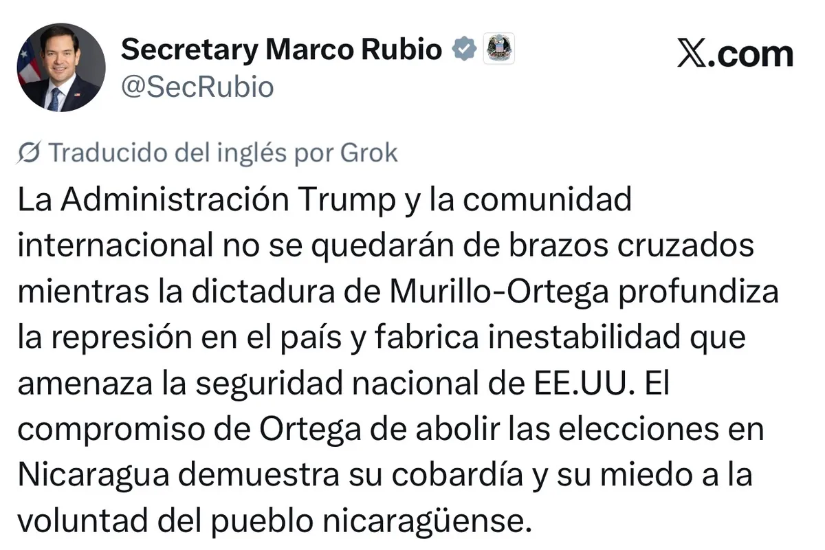 Marco Rubio condena declaraciones de Daniel Ortega y pide mayor presión internacional sobre Nicaragua