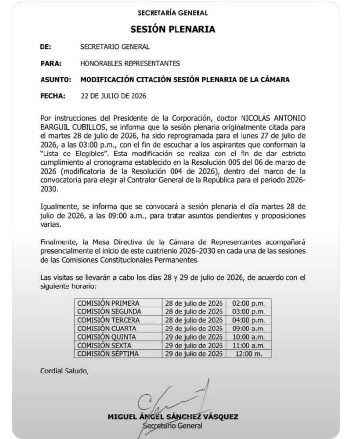 La elección del contralor fue aplazada por la Cámara para el 27 de julio
