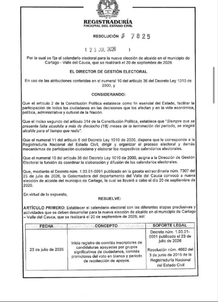 Nueva elección de alcalde en Cartago tiene calendario electoral definido, será el 20 de septiembre