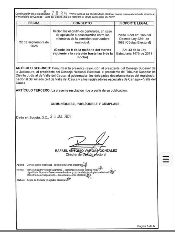Nueva elección de alcalde en Cartago tiene calendario electoral definido, será el 20 de septiembre