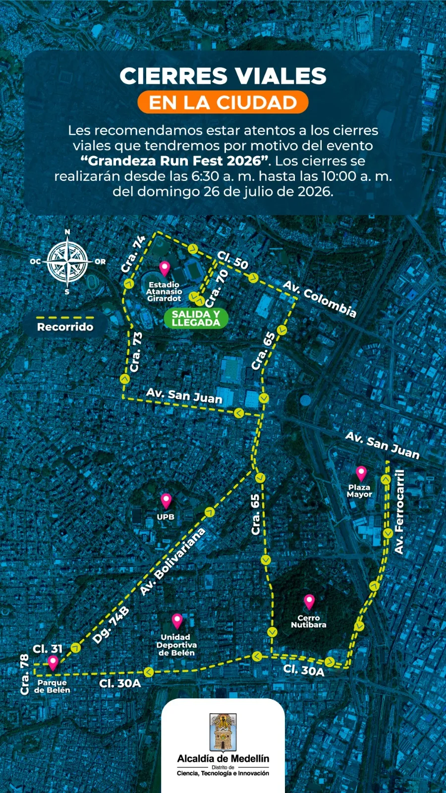 Medellín tendrá cierres viales este domingo por la Grandeza Run Fest 2026: estas serán las vías afectadas