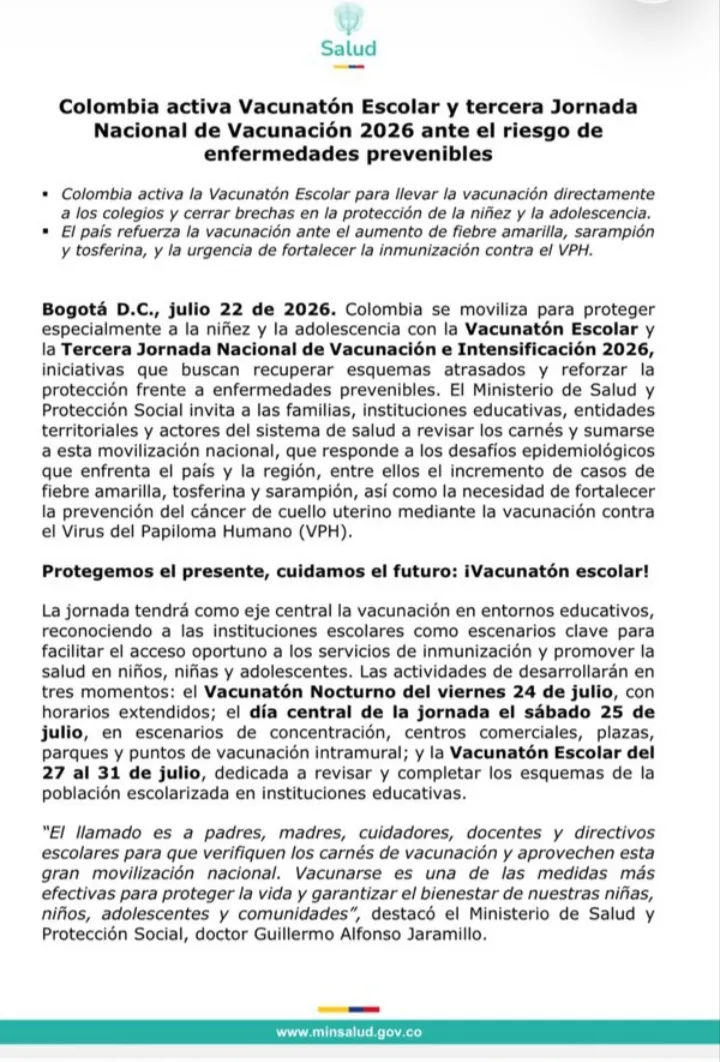Del 24 al 31 de julio se desarrollará la Tercera Jornada Nacional de Vacunación en todo el país contra fiebre amarilla, tosferina y VPH