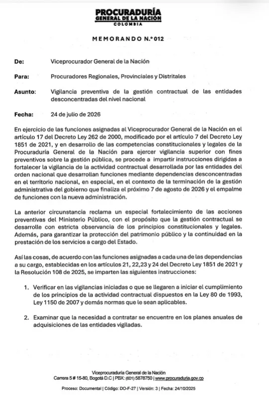 Procuraduría intensifica vigilancia sobre la contratación pública en los últimos días del Gobierno Petro