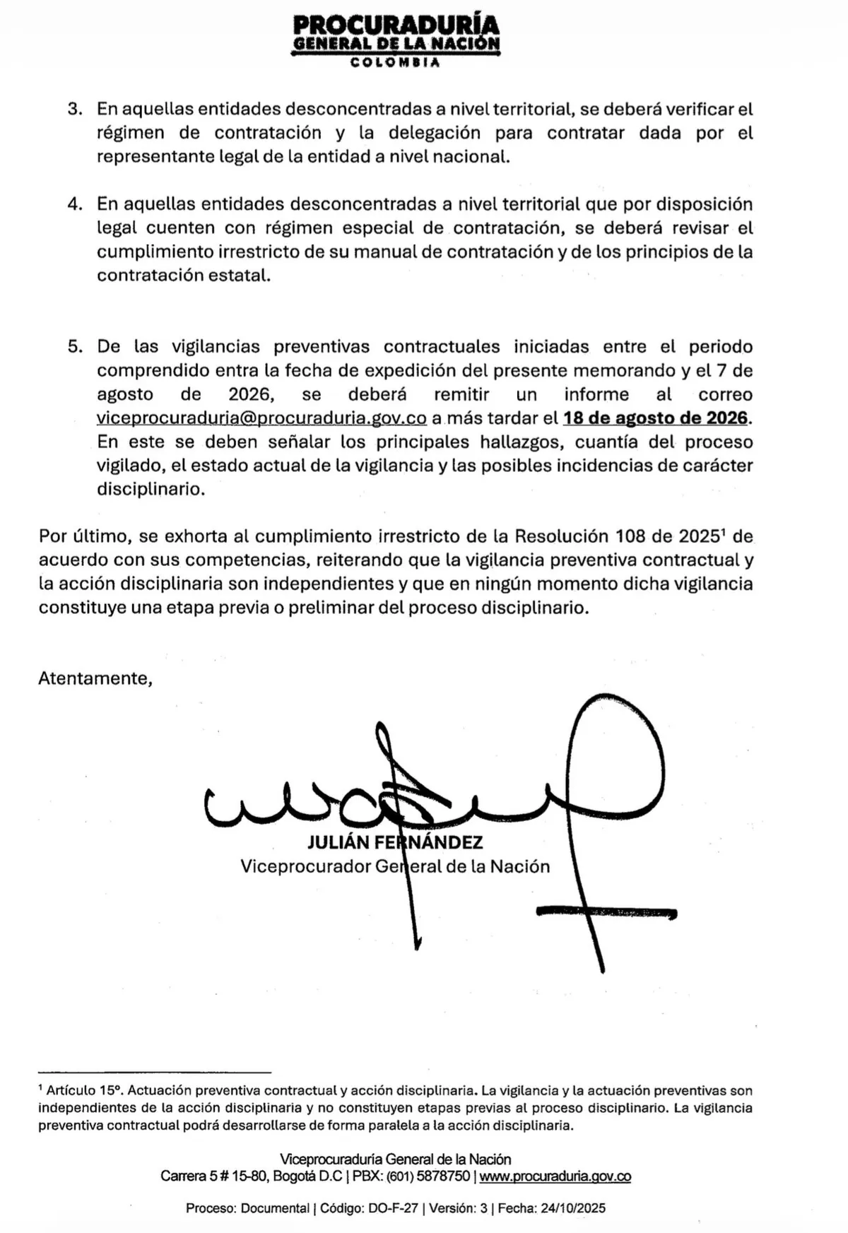 Procuraduría intensifica vigilancia sobre la contratación pública en los últimos días del Gobierno Petro