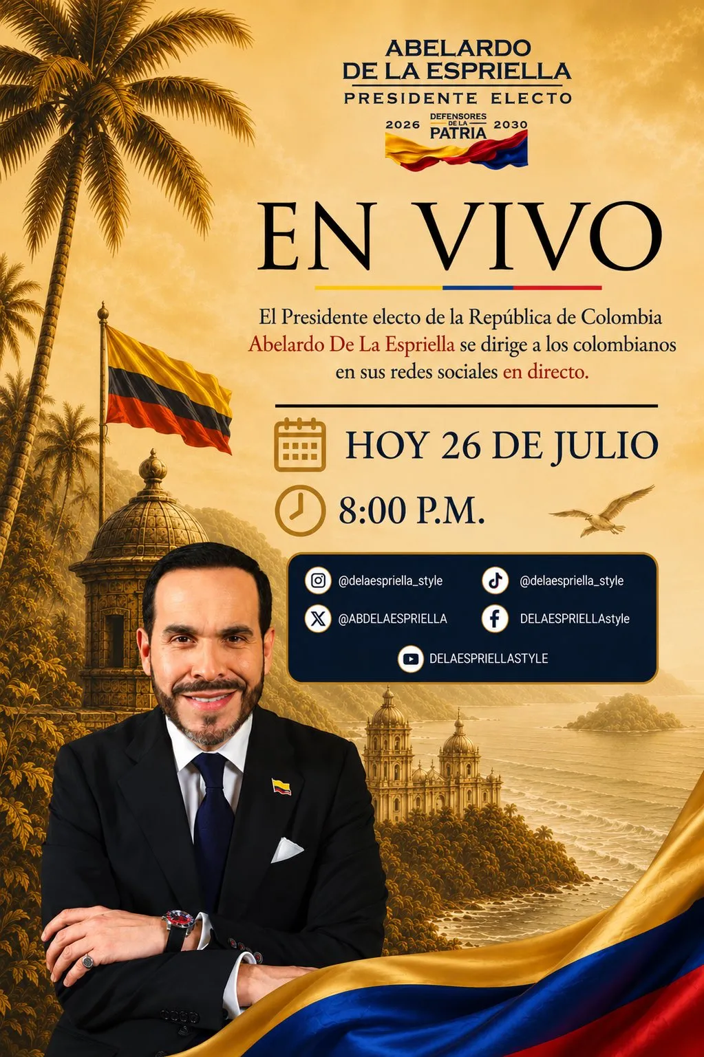 De La Espriella convocó al país a alocución en vivo con anuncios decisivos para su mandato