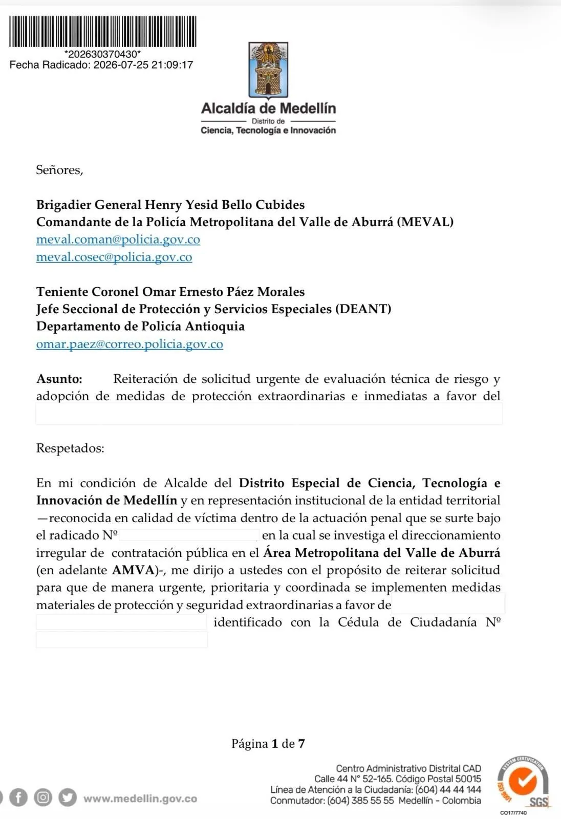 Federico Gutiérrez alertó por presiones a testigos en caso de corrupción y pidió medidas urgentes de protección
