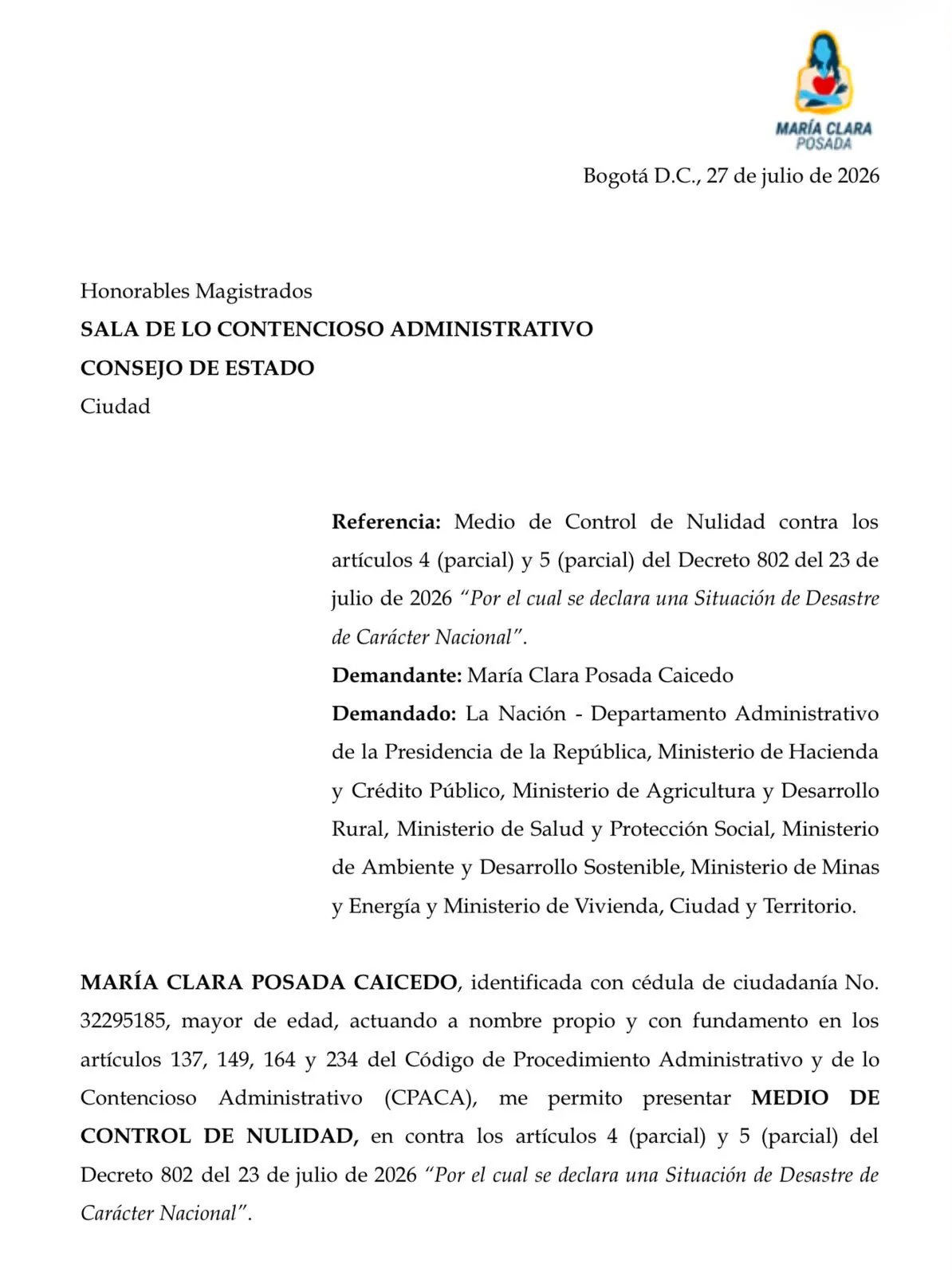 Senadora María Clara Posada demandará decreto que permite modificaciones presupuestales y pedirá suspender sus efectos
