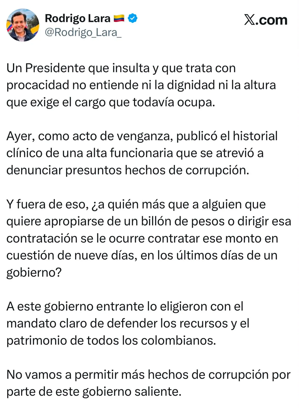 Rodrigo Lara cuestionó a Petro por divulgar el historial clínico de Angie Rodríguez