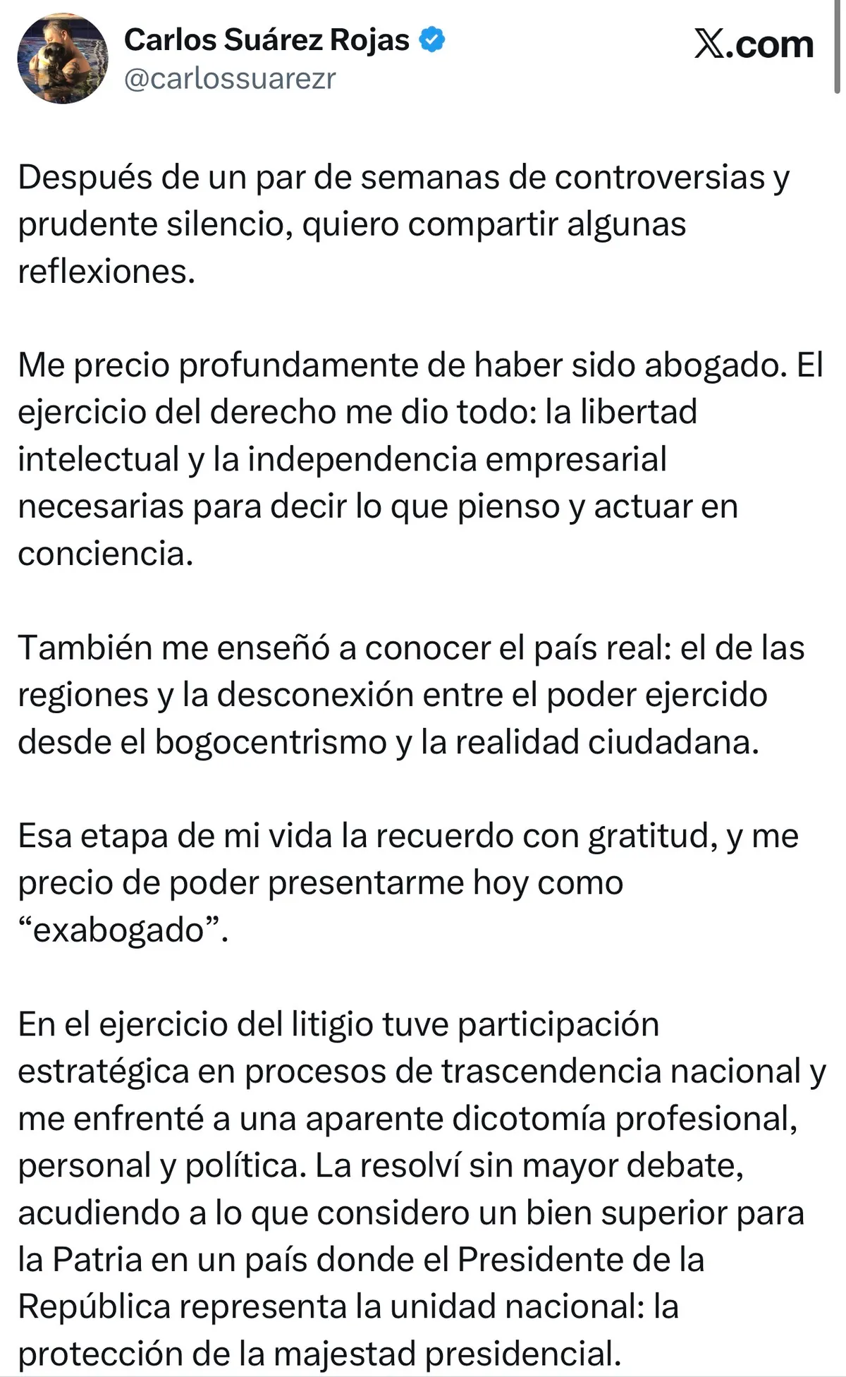 Estratega de De La Espriella, Carlos Suárez, propuso cerrar la controversia con Álvaro Uribe y llamó a privilegiar la “unidad de la Patria”