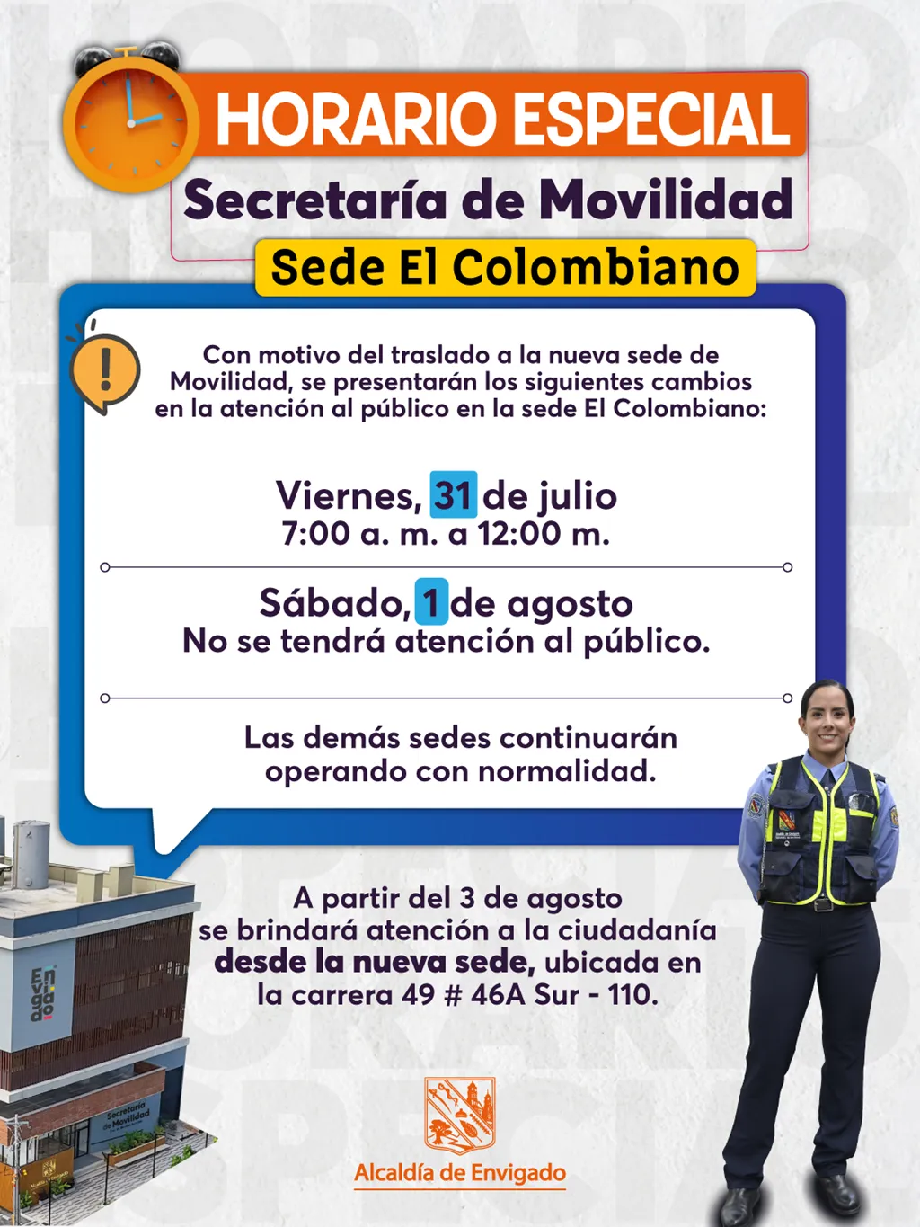 Secretaría de Movilidad de Envigado ajustará horarios de atención por traslado a su nueva sede
