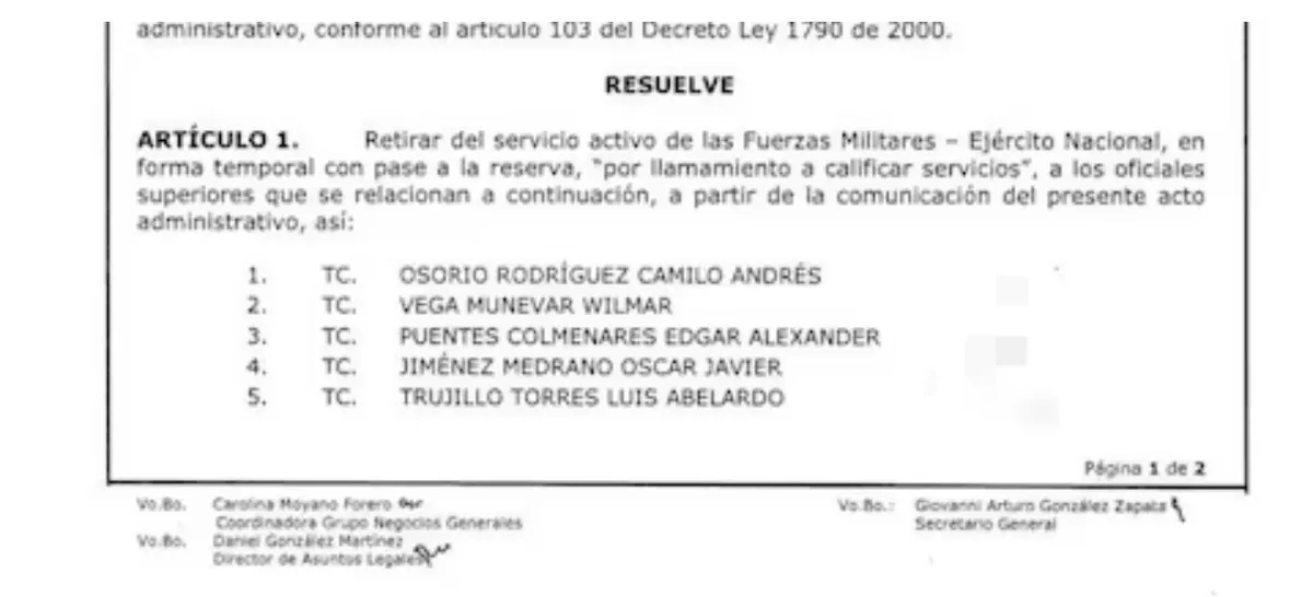 A días de acabar el gobierno Mindefensa ordenó retiro de cinco coroneles del Ejército 