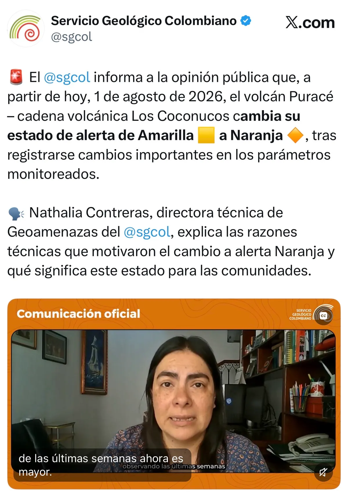 Volcán Puracé pasó a alerta naranja por aumento sostenido de su actividad; autoridades reforzaron monitoreo