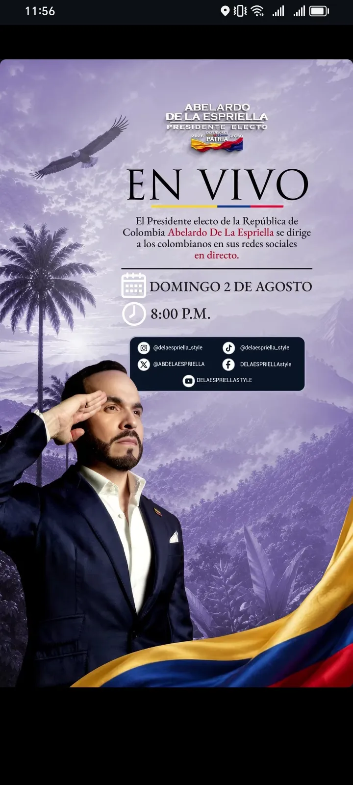 Abelardo De La Espriella ofrecerá este domingo su último mensaje antes de asumir la Presidencia de Colombia