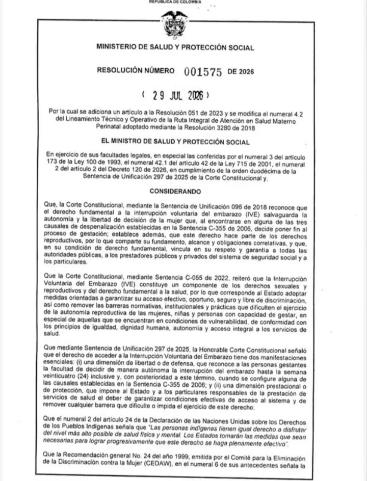 Resolución 1575 de 2026 modificó protocolos de atención para la interrupción voluntaria del embarazo