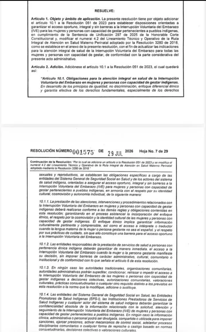 Resolución 1575 de 2026 modificó protocolos de atención para la interrupción voluntaria del embarazo