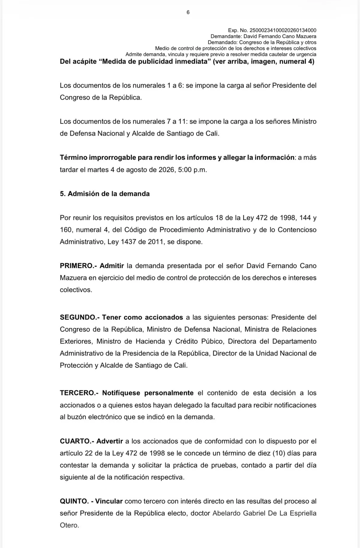 Tribunal admitió acción popular y estudia suspensión del traslado de la posesión presidencial a Cali