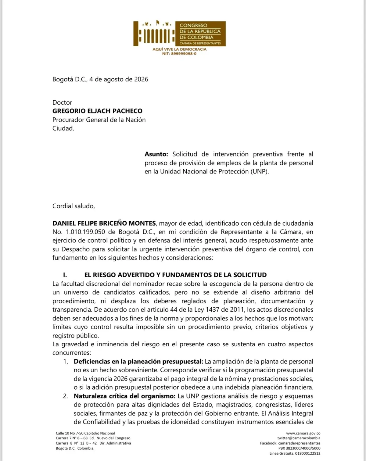 Daniel Briceño pidió intervención de la Procuraduría por presuntas irregularidades en provisión de cargos en la UNP
