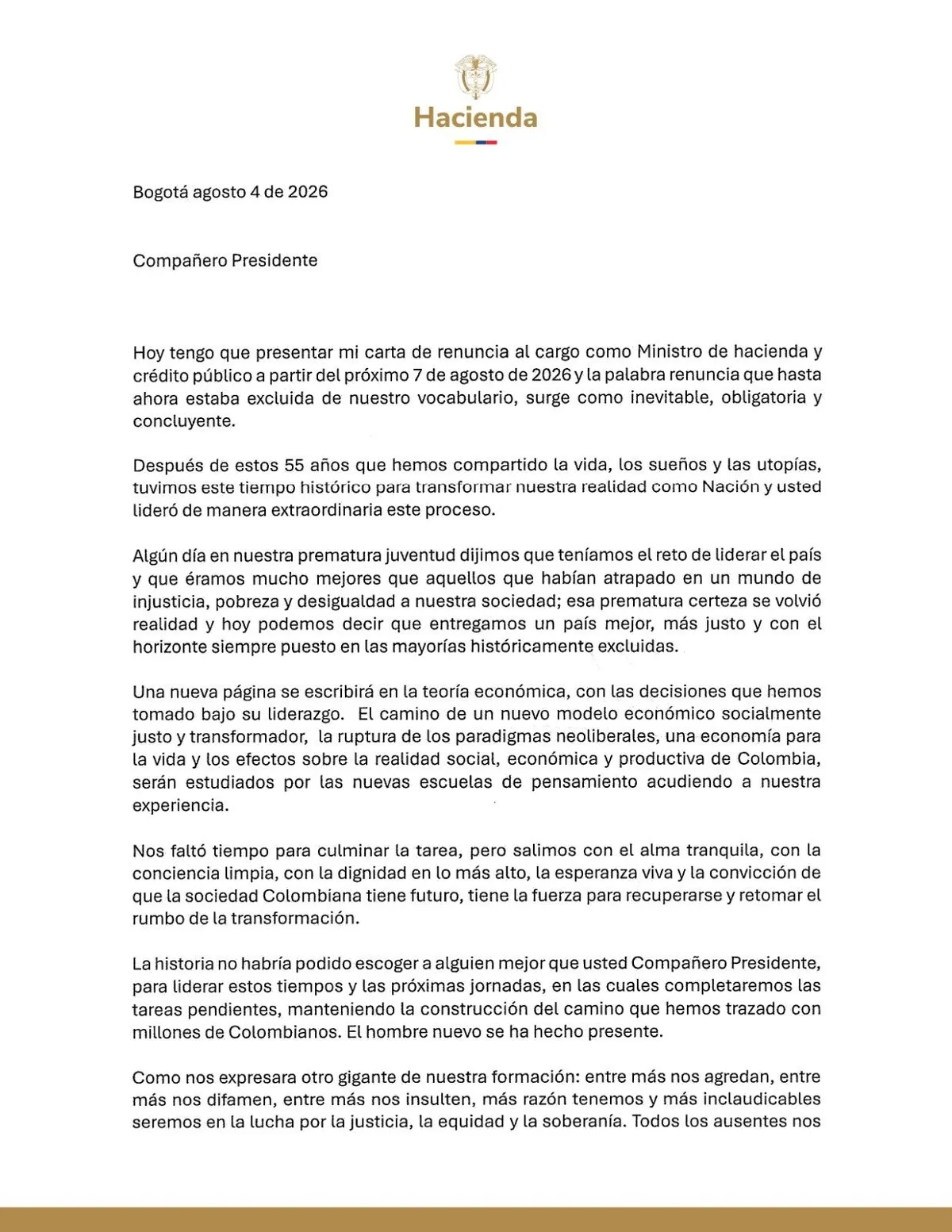 Germán Ávila oficializa su renuncia al Ministerio de Hacienda con una carta de respaldo al presidente Petro