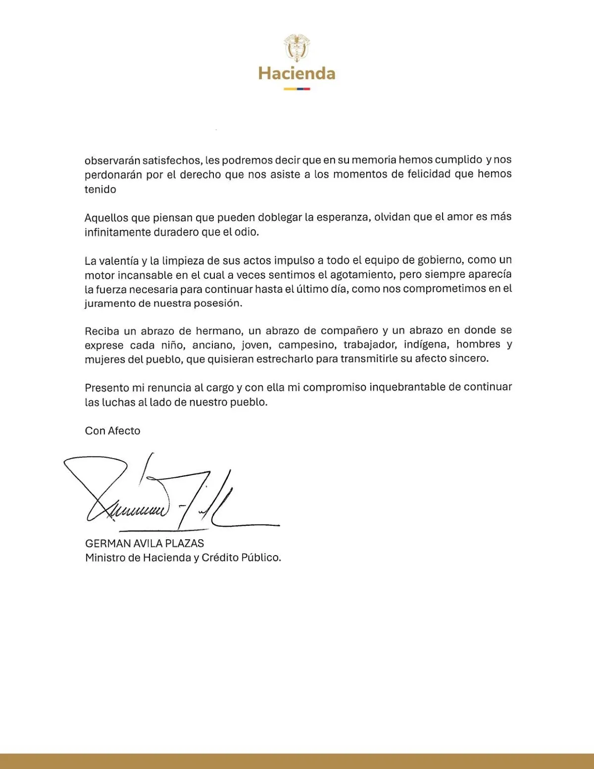 Germán Ávila oficializa su renuncia al Ministerio de Hacienda con una carta de respaldo al presidente Petro