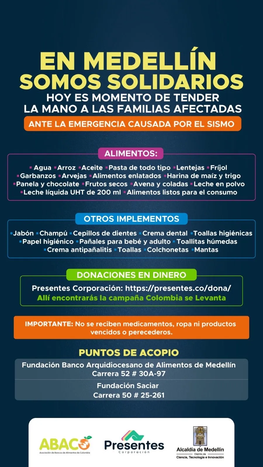 Medellín activa campaña de solidaridad para apoyar a las familias afectadas por el sismo