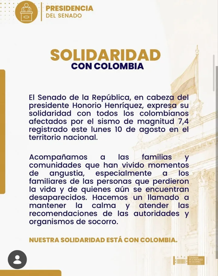 Presidencia del Senado anunció acompañamiento a familias afectadas por el terremoto registrado en Colombia