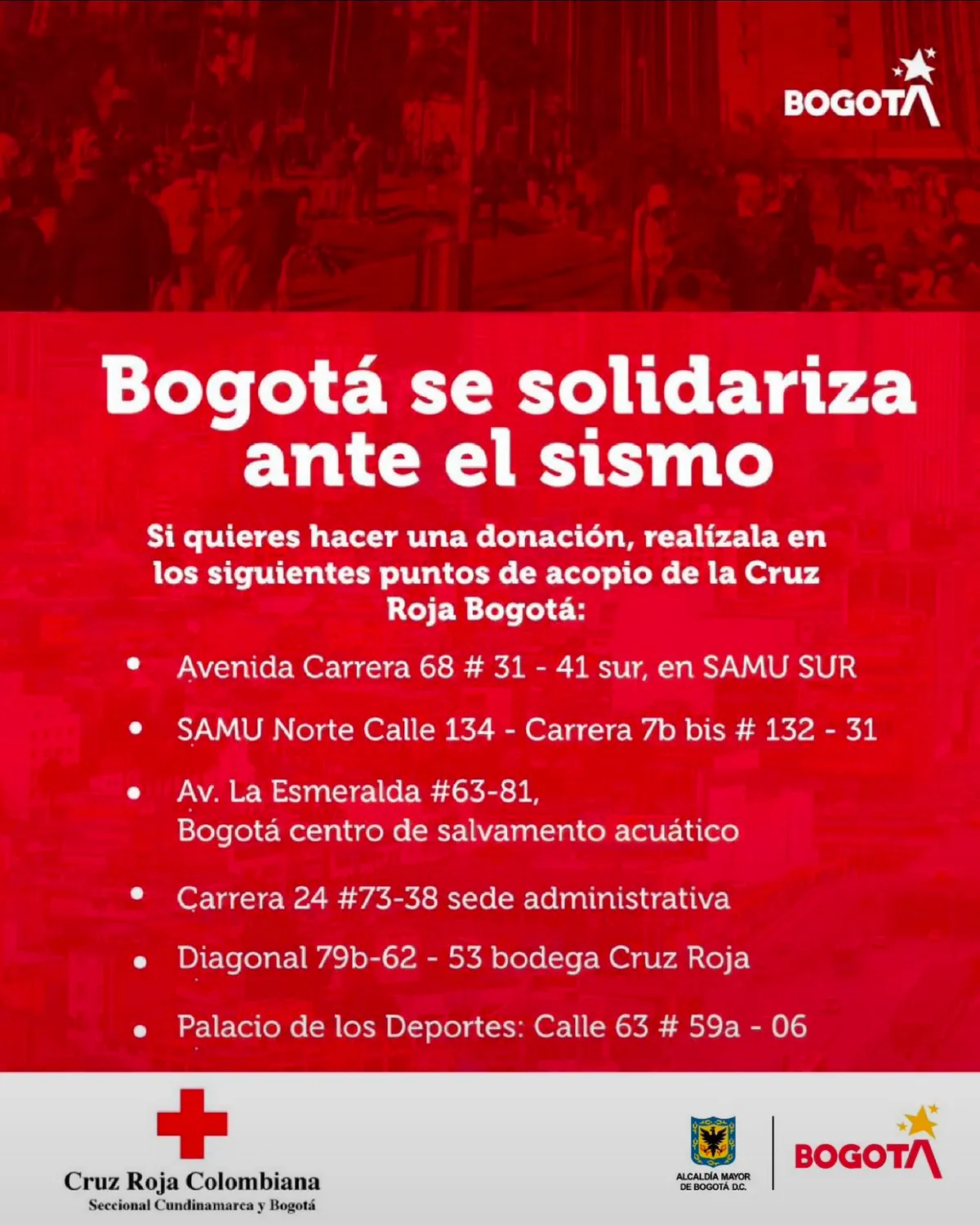 Bogotá habilita seis puntos de acopio para apoyar a los afectados por el sismo