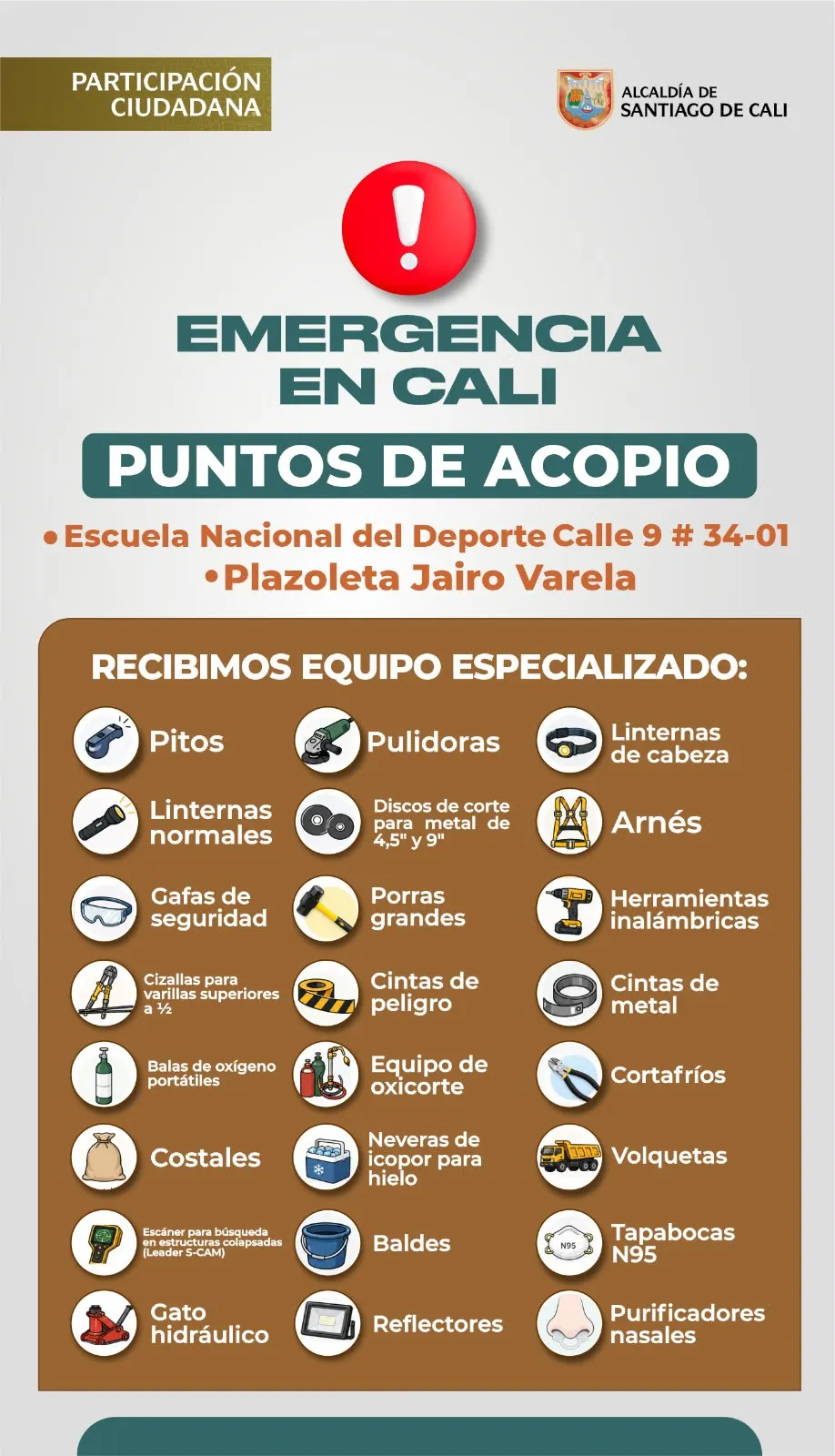 Cali habilitó puntos de acopio para atender la emergencia y solicita equipos especializados y donaciones