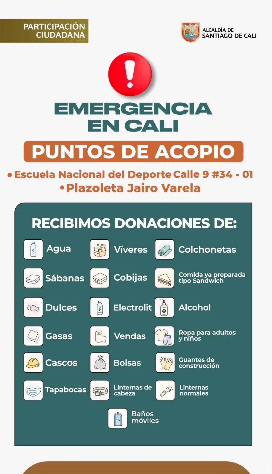 Cali habilitó puntos de acopio para atender la emergencia y solicita equipos especializados y donaciones