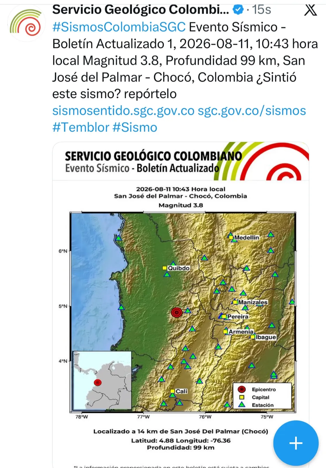 Nuevo sismo de magnitud 3,8 sacudió San José del Palmar, Chocó; ya van 96 réplicas tras el terremoto del 10 de agosto