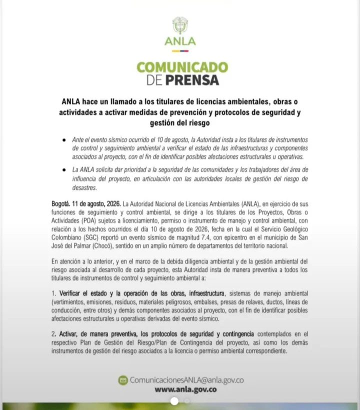 ANLA emite directrices para prevenir riesgos ambientales luego de la emergencia sísmica