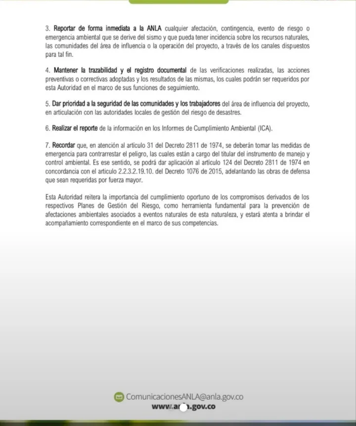 ANLA emite directrices para prevenir riesgos ambientales luego de la emergencia sísmica