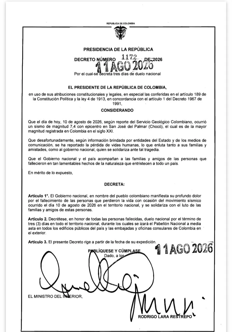 Gobierno decretó tres días de duelo nacional por víctimas del terremoto de 7,4 en Chocó